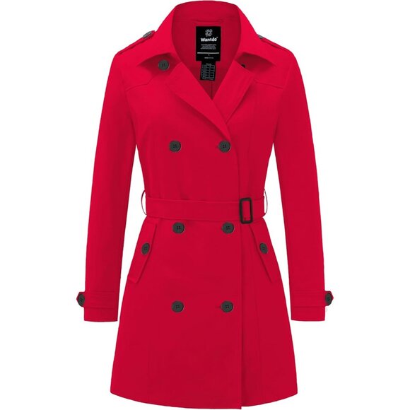 💫 Women Red Trench Coat Waterproof Classic Lapel Outerwear Belt Warm Jackets